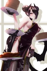 Rule 34 | 1girl, absurdres, agent (girls&#039; frontline), alternate costume, asymmetrical hair, bamboo steamer, black dress, black gloves, black hair, black thighhighs, blush, breasts, china dress, chinese clothes, closed mouth, cowboy shot, double bun, dress, drop shadow, duck (food), eyelashes, floral print, food, garnish, girls&#039; frontline, gloves, gold trim, hair bun, hair over one eye, highres, holding, holding plate, huge filesize, lace, lace-trimmed legwear, lace trim, legs, lips, looking at viewer, meat, mechanical arms, mundane utility, no bra, ohc., paisley, panties, plate, salad, sangvis ferri, short hair with long locks, side-tie panties, sideboob, solo, thighhighs, thighs, tray, underwear, yellow eyes