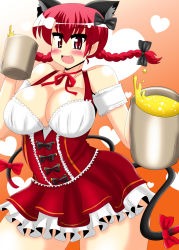 Rule 34 | 1girl, akasode (tyaramu), alcohol, alternate costume, animal ears, bare shoulders, beer, beer mug, blush, bow, braid, breasts, cat ears, cat girl, cat tail, cleavage, cup, curvy, dirndl, fang, female focus, german clothes, hair bow, highres, kaenbyou rin, large breasts, looking at viewer, miniskirt, mug, oktoberfest, open mouth, red eyes, red hair, ribbon, smile, solo, tail, thick thighs, thighs, touhou, twin braids, underbust, wide hips
