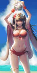 Rule 34 | 1girl, aduti momoyama, alternate costume, arms up, beach, bikini, black cape, black hair, blue sky, blunt bangs, bowl, breasts, cape, cleavage, cloud, collarbone, commentary request, day, female focus, fire emblem, fire emblem awakening, fire emblem heroes, floating hair, flower, hair flower, hair ornament, highres, holding, holding bowl, large breasts, long hair, looking at viewer, multi-strapped bikini, navel, nintendo, o-ring, o-ring bikini, o-ring bottom, o-ring top, official alternate costume, outdoors, parted lips, purple cape, purple eyes, red bikini, red flower, sand, sky, smile, solo, standing, stomach, swimsuit, tharja (fire emblem), tharja (summer) (fire emblem), tiara, two-tone cape, two side up, water