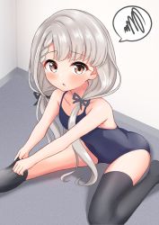 Rule 34 | 1girl, bad id, bad pixiv id, bare arms, bare shoulders, black one-piece swimsuit, black ribbon, black thighhighs, blush, braid, braided bangs, brown eyes, collarbone, grey hair, hair over shoulder, hair ribbon, highres, hisakawa nagi, idolmaster, idolmaster cinderella girls, idolmaster cinderella girls starlight stage, indoors, leaning forward, long hair, looking at viewer, low twintails, mitsumine raimu, no shoes, on floor, one-piece swimsuit, parted lips, ribbon, school swimsuit, solo, spoken squiggle, squiggle, swimsuit, thighhighs, thighhighs pull, twintails, very long hair