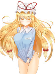 Rule 34 | 1girl, absurdres, alternate costume, blonde hair, blush, bottomless, bow, breasts, cho hyang, clothes pull, female focus, hair bow, hair ornament, hat, hat ribbon, highres, kindergarten uniform, large breasts, long hair, long sleeves, looking at viewer, mob cap, ribbon, shirt, shirt pull, shirt tug, simple background, solo, touhou, white background, yakumo yukari, yellow eyes
