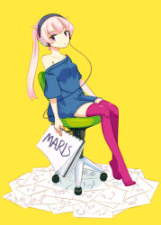 Rule 34 | 1girl, breasts, chair, collarbone, expressionless, full body, headphones, holding, jitome, long hair, looking at viewer, makaroll, no shoes, off shoulder, office chair, original, paper, pink eyes, pink hair, pink thighhighs, shirt, side ponytail, simple background, sitting, sketchbook, solo, swivel chair, thighhighs, yellow background