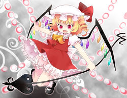 Rule 34 | 1girl, ascot, bad id, bad pixiv id, blonde hair, bobby socks, chaba (hortensia), danmaku, drill hair, fang, female focus, flandre scarlet, hat, laevatein, open mouth, outstretched arm, pokka, red eyes, short hair, side ponytail, skirt, skirt set, socks, solo, embodiment of scarlet devil, touhou, wings