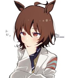 Rule 34 | 1girl, absurdres, agnes tachyon (umamusume), ahoge, animal ears, black neckwear, black shirt, blush, brown eyes, brown hair, closed mouth, coat, collared shirt, commentary request, hair between eyes, hand up, highres, horse ears, lab coat, long sleeves, open clothes, open coat, shirt, signature, simple background, sofra, solo, sweater vest, translation request, twitter username, umamusume, upper body, white background, wide sleeves