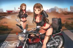 Rule 34 | 2girls, :o, :q, absurdres, anmi, arch, arm up, bikini, bikini under clothes, black jacket, black shorts, blue sky, box, breasts, brown hair, building, buttons, choker, cleavage, cliff, closed mouth, collarbone, cropped jacket, day, desert, gun, hand on own chest, handgun, highres, holster, jacket, legs together, long hair, long sleeves, looking at viewer, medium breasts, motor vehicle, motorcycle, multiple girls, open fly, original, outdoors, parted lips, pistol, red bikini, red eyes, red shirt, sheath, sheathed, shiny skin, shirt, short shorts, shorts, side-tie bikini bottom, sitting, sky, standing, summer, swimsuit, thigh holster, thigh strap, tongue, tongue out, weapon