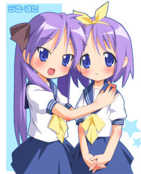Rule 34 | 00s, 2girls, blue eyes, blue skirt, bow, bowtie, hair bow, hair ribbon, hairband, hand on another&#039;s shoulder, hiiragi kagami, hiiragi tsukasa, looking at viewer, lucky star, multiple girls, own hands together, pink hair, pu-en, ribbon, sailor collar, school uniform, serafuku, short hair, siblings, simple background, sisters, skirt, twins, v arms, white background, yellow bow, yellow bowtie