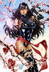 Rule 34 | 1girl, artist name, black hair, branch, breasts, cherry blossoms, commentary, elbow gloves, energy blade, flower, gloves, highleg, highleg leotard, highres, holding, holding sword, holding weapon, katana, leotard, lips, long hair, mark brooks, marvel, medium breasts, parted lips, psylocke, purple eyes, red sash, sash, shiny clothes, sleeveless, solo, sword, thighhighs, thighs, turtleneck, weapon, x-men