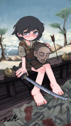 Rule 34 | 1girl, absurdres, arm support, armor, arrow (projectile), barefoot, black hair, blood on feet, bloody footprints, boat, chipped sword, closed mouth, commentary, day, dou, full body, grey eyes, grey kimono, highres, holding, holding head, holding sword, holding weapon, japanese armor, japanese clothes, katana, kimono, kusazuri, lalah 7th, looking at viewer, medium hair, on railing, original, outdoors, pirate, railing, severed head, short kimono, short sleeves, signature, sitting, smoke, solo, sword, tree, village, watercraft, weapon