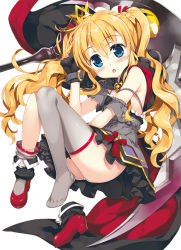 Rule 34 | 1girl, :o, ass, bare shoulders, belt, black gloves, blonde hair, blue eyes, bow, cape, crown, detached sleeves, dress, eyebrows, frills, fujima takuya, full body, gloves, grey socks, hair between eyes, long hair, looking at viewer, original, red bow, red footwear, shoes, unworn shoes, short dress, simple background, single shoe, single sock, single thighhigh, socks, solo, strap slip, thighhighs, twintails, upskirt, wavy hair, white background
