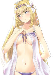 Rule 34 | 1girl, bare shoulders, bikini, bikini pull, blonde hair, blue eyes, blush, breasts, clothes pull, collarbone, commentary request, cowboy shot, feather hair ornament, feathers, flower, front-tie bikini top, front-tie top, granblue fantasy, hair between eyes, hair flower, hair intakes, hair ornament, highres, jeanne d&#039;arc (granblue fantasy), large breasts, lifted by self, lily (flower), lips, long hair, looking away, looking to the side, navel, nukkoru, pink lips, purple bikini, side-tie bikini bottom, simple background, solo, swimsuit, underboob, white flower