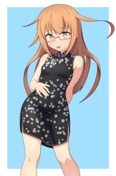 Rule 34 | :o, arm behind back, black dress, blue background, border, breasts, china dress, chinese clothes, dress, floral print, glasses, hand on own stomach, highres, light blush, long hair, looking at viewer, open mouth, orange hair, rectangular eyewear, red-framed eyewear, sawamura (sawamura0510), side slit, sidelocks, simple background, sleeveless, sleeveless dress, small breasts, white border, yellow eyes