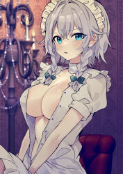 Rule 34 | 1girl, absurdres, blue eyes, blush, bow, braid, breasts, buttons, green bow, grey hair, hair between eyes, hair bow, highres, izayoi sakuya, large breasts, looking at viewer, maid, maid headdress, medium hair, naked shirt, necono (nyu6poko), open clothes, open mouth, open shirt, puffy short sleeves, puffy sleeves, shirt, short sleeves, signature, solo, touhou, twin braids, white shirt