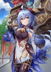 Rule 34 | 1girl, ahoge, architecture, bare shoulders, bell, bird, black pantyhose, blue gloves, blue hair, breasts, chinese knot, clipboard, cowboy shot, day, detached sleeves, east asian architecture, flower knot, ganyu (genshin impact), genshin impact, gloves, gold trim, highres, horns, long hair, looking at viewer, low ponytail, medium breasts, neck bell, noro assumed, outdoors, pantyhose, parted lips, purple eyes, sidelocks, smile, solo, stairs, standing, teeth, thighlet, thighs, vision (genshin impact), waist cape, white sleeves