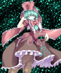 Rule 34 | aqua background, aqua eyes, aqua hair, blunt bangs, boots, bow, colorized, dress, frilled bow, frilled dress, frilled ribbon, frills, front ponytail, full body, hair between eyes, hair bow, hair ribbon, hand on own head, heart, josephine (twin tail rabbit), kagiyama hina, large bow, long hair, looking at viewer, red bow, red dress, ribbon, short sleeves, skirt hold, smile, solo, star (symbol), starry background, tareme, touhou