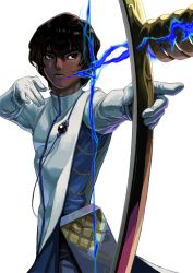 Rule 34 | 1boy, archer (fate/grand order), arjuna (fate), arrow (projectile), black eyes, black hair, bow (weapon), dark-skinned male, dark skin, drawing bow, fate/grand order, fate (series), gloves, holding, holding bow (weapon), holding weapon, indian clothes, male focus, md5 mismatch, parhart, pelvic curtain, simple background, solo, weapon