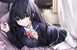 Rule 34 | 1girl, bed, bed sheet, black hair, black jacket, black skirt, blazer, blue eyes, blush, bow, bowtie, breasts, cardigan, cardigan vest, curtains, hair ornament, hairclip, highres, indoors, jacket, large breasts, long hair, looking at viewer, lying, nijisanji, on bed, on side, pillow, pink bow, pink bowtie, plaid, plaid skirt, shirt, simoxia, skirt, smile, solo, thighhighs, tsukino mito, tsukino mito (1st costume), virtual youtuber, white shirt, white thighhighs, window, zettai ryouiki