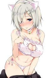 Rule 34 | 10s, 1girl, animal ears, bare shoulders, bell, bikini, blue eyes, blush, breasts, cat cutout, cat ear panties, cat ears, cat lingerie, cleavage, cleavage cutout, clothing cutout, fake animal ears, hair over one eye, hairband, hamakaze (kancolle), jingle bell, kantai collection, large breasts, looking at viewer, meme attire, navel, nironiro, panties, pantyhose, short hair, side-tie panties, silver hair, sitting, smile, solo, swimsuit, tongue, tongue out, underwear, underwear only, white panties