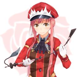 Rule 34 | 1girl, fate/grand order, fate (series), gloves, hat, highres, holding, holding riding crop, long hair, looking at viewer, medb (alluring chief warden look) (fate), medb (fate), military, military uniform, mirai (mirai76 ), peaked cap, pink hair, riding crop, smile, solo, uniform, whip, white gloves, yellow eyes