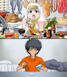 Rule 34 | 1boy, 1girl, bed, black hair, bowl, carrot, cheese, crustacean, fat, fish, food, fruit, index (toaru majutsu no index), kamijou touma, meat, melon, missing tooth, missing tooth, ohitsu, pig, pillow, plate, rice, shrimp, skinny, spiked hair, toaru majutsu no index, uchuu ika