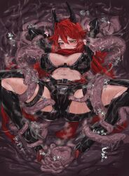 Rule 34 | 1girl, ?, black gloves, blush, bound, bound arms, bound legs, breasts, chaps, cleavage, crop top, cropped jacket, elazale, fingerless gloves, gloves, goddess of victory: nikke, hair between eyes, headgear, heart, highres, horns, imminent rape, jacket, large breasts, leather, leather jacket, long hair, lying, mechanical horns, navel, on back, orange eyes, red hair, red hood (nikke), red scarf, scarf, spread legs, sweat, tearing up, tentacles, unzipped, very long hair, zipper