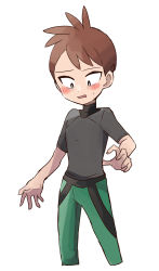 Rule 34 | 1boy, black eyes, blush, bright pupils, brown hair, commentary request, creatures (company), game freak, green pants, grey shirt, hachi (hachi sin), highres, looking down, male focus, nintendo, pants, pokemon, pokemon lgpe, shirt, short hair, short sleeves, solo, sweatdrop, trace (pokemon), white pupils