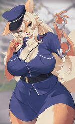 Rule 34 | 1girl, absurdres, animal ears, belt, blonde hair, blue hat, blue skirt, blurry, blurry background, body fur, breasts, cleavage, crossed bangs, cuffs, fox ears, fox tail, furry, furry female, grey eyes, handcuffs, hat, highres, holding, holding handcuffs, huge breasts, long hair, looking at viewer, manmarumao, open mouth, orange fur, original, pencil skirt, police, police hat, police uniform, short sleeves, sidelocks, skirt, skirt set, solo, tail, thighs, tsurime, uniform, whistle, whistle around neck, wide hips