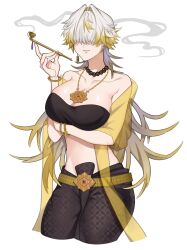 Rule 34 | 1girl, algorhythm project, black shirt, blonde hair, breasts, brown pants, closed mouth, dacapo (algorhythm project), genderswap, genderswap (mtf), hair over eyes, highres, holding, long hair, medium breasts, midriff, multicolored hair, pants, shirt, solo, stomach, streaked hair, thai clothes, virtual youtuber, wendiliaas1, white hair, yellow sleeves