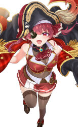 Rule 34 | 1girl, absurdres, belt, breasts, cleavage, covered navel, eyepatch, fang, hat, highres, hololive, houshou marine, houshou marine (1st costume), leotard, leotard under clothes, pirate hat, pleated skirt, plume, red eyes, red hair, sharumon, skirt, thighhighs, twintails, virtual youtuber, white background