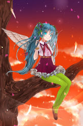 Rule 34 | 1girl, aqua eyes, aqua hair, bad id, bad pixiv id, bracelet, feathers, gotou (nekocat), green pantyhose, hatsune miku, highres, in tree, jewelry, long hair, looking at viewer, pantyhose, sitting, sitting in tree, skirt, sky, smile, solo, sunset, suspenders, tree, twintails, very long hair, vocaloid, wings
