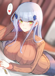 Rule 34 | ..., 10eki (tenchou), 1girl, absurdres, blue hair, blunt bangs, blurry, blurry background, blush, book, breast rest, breasts, brown sweater, casual, closed mouth, covered erect nipples, dutch angle, eyes visible through hair, facial mark, female focus, girls&#039; frontline, green eyes, hair ornament, hand on own head, heart, highres, hk416 (girls&#039; frontline), impossible clothes, impossible sweater, indoors, large breasts, light blue hair, long hair, long sleeves, looking at viewer, lying, on stomach, ribbed sweater, sidelocks, silver hair, skirt, smile, solo, speech bubble, spoken ellipsis, spoken heart, sweater, teardrop, teardrop facial mark, teardrop tattoo, turtleneck, turtleneck sweater, x hair ornament