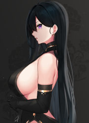 Rule 34 | 1girl, backless dress, backless outfit, bare shoulders, black dress, black gloves, black hair, blush, breasts, dress, earrings, elbow gloves, floral background, gloves, hayabusa (vert 320), highres, jewelry, large breasts, long hair, looking at viewer, mole, mole on breast, mole on cheek, mole under eye, open mouth, original, purple eyes, sideboob, solo