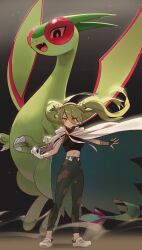 Rule 34 | 1girl, 1other, absurdres, bandaged arm, bandages, brown cape, cape, claws, commentary, creatures (company), crocs, crop top, double bun, dragon, dragon wings, fangs, floating hair, flygon, game freak, gen 3 pokemon, gloves, great ball, green hair, green wings, ground miku (project voltage), hair bun, hatsune miku, highres, long hair, looking at viewer, midriff, nintendo, orange eyes, pants, poke ball, pokemon, pokemon (creature), project voltage, sand, shedar, single glove, smile, twintails, very long hair, vocaloid, white footwear, wings