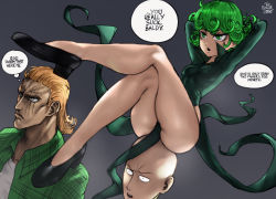 Rule 34 | 1girl, 2boys, ass, bald, bare legs, breasts, collared shirt, crossed legs, dress, english text, floating clothes, green eyes, green skirt, highres, jealous, king (one-punch man), legs, multiple boys, no panties, one-punch man, pelvic curtain, saitama (one-punch man), scar, scar across eye, scar on face, shirt, sitting, sitting on head, sitting on person, skirt, small breasts, speech bubble, tatsumaki, telekinesis, the golden smurf, thighs