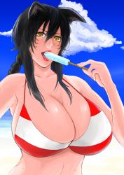 Rule 34 | 1girl, ahri (league of legends), animal ears, armpits, bad id, bad pixiv id, bare shoulders, beach, bikini, black hair, blue sky, braid, breasts, cleavage, cloud, day, facial mark, food, fox ears, hair between eyes, highres, huge breasts, ice cream, league of legends, lips, lipstick, long hair, looking at viewer, makeup, noga, outdoors, popsicle, sexually suggestive, single braid, sky, slit pupils, smile, solo, striped bikini, striped clothes, sweat, swimsuit, tongue, upper body, whisker markings, yellow eyes