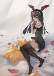Rule 34 | 1girl, absurdres, animal ears, armband, armpit peek, ass, bare shoulders, black dress, black hair, black thighhighs, blunt ends, blush, breasts, crossed bangs, curtains, cushion, dress, finger to mouth, flower, frilled dress, frills, full body, headdress, highres, lingerie, long hair, medium breasts, mole, mole under eye, on bed, original, petals, pugongying, rabbit ears, red eyes, red flower, red petals, skindentation, soles, solo, thighhighs, thighs, underwear