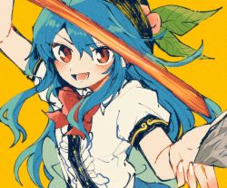 Rule 34 | 1girl, :d, arm up, blue hair, blush, bow, bowtie, center frills, close-up, film grain, foreshortening, frills, hand up, hat ornament, hatching (texture), hinanawi tenshi, holding, holding sword, holding weapon, itomugi-kun, leaf, linear hatching, long hair, looking at viewer, lower teeth only, open mouth, outstretched hand, puffy short sleeves, puffy sleeves, red bow, red bowtie, red eyes, shirt, short sleeves, simple background, sleeve cuffs, smile, solo, sword, sword of hisou, teeth, touhou, upper body, v-shaped eyebrows, weapon, white shirt, yellow background