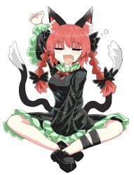 Rule 34 | 1girl, animal ears, arm up, black bow, black dress, black footwear, black legwear, black tail, bow, braid, breasts, cat ears, cat tail, chups, clenched hand, closed eyes, dress, extra ears, fang, frilled dress, frilled sleeves, frills, full body, green frills, hair bow, highres, kaenbyou rin, long sleeves, multiple tails, nail polish, nekomata, open mouth, red hair, red nails, red neckwear, short hair, simple background, sitting, solo, squeans, tail, touhou, twin braids, two tails, white background, yawning