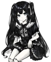 1girl black_dress blue_eyes colored_skin doll_joints dress expressionless frilled_dress frills gd783hhh hair_ribbon highres joints long_hair looking_at_viewer original ribbon simple_background sitting solo twintails very_long_hair white_background white_skin