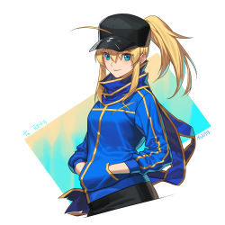 Rule 34 | 1girl, absurdres, ahoge, artist name, artoria pendragon (fate), black hat, blonde hair, blue eyes, blue scarf, blue sweater, fate/grand order, fate (series), hair between eyes, haje, hands in pocket, hat, high ponytail, highres, long hair, mysterious heroine x (fate), scarf, sidelocks, smile, solo, sweater, upper body