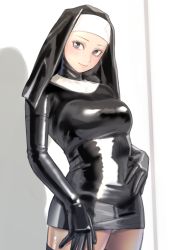 Rule 34 | 1girl, arched back, bodysuit, cosplay, cowboy shot, dress, gloves, grey eyes, hands on stomach, highres, kilye kairi, latex, latex bodysuit, latex dress, latex gloves, nun, original, panties, see-through, shadow, shiny clothes, skin tight, smile, solo, standing, underwear, white panties