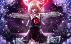 Rule 34 | 1girl, blonde hair, blood, blood on face, blood on hands, blood on clothes, glowing, glowing eyes, hair ribbon, misaki (kyal 001), moon, open mouth, outdoors, outstretched arms, petals, pink eyes, red moon, ribbon, rumia, shirt, skirt, sleeves past wrists, solo, sparkle, spread arms, touhou, tree, vest, water