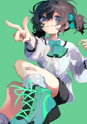 Rule 34 | 1girl, ascot, bandaid, bandaid on leg, black hair, black shorts, blue eyes, bow, green background, hair bow, looking at viewer, nobiu0112, original, shirt, shoes, short twintails, shorts, simple background, sketch, smile, sneakers, solo, twintails, v, white shirt