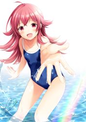 Rule 34 | 1girl, ahoge, azuma yuki, bad id, bad pixiv id, blush, collarbone, competition school swimsuit, idolmaster, idolmaster shiny colors, komiya kaho, legs apart, long hair, looking at viewer, one-piece swimsuit, open mouth, outstretched arm, rainbow, red eyes, red hair, school swimsuit, signature, solo, standing, swimsuit, water
