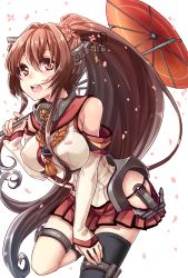 Rule 34 | 10s, 1girl, anchor, bare shoulders, breasts, brown eyes, brown hair, detached sleeves, hair ornament, highres, kantai collection, large breasts, long hair, looking at viewer, oil-paper umbrella, open mouth, ponytail, single thighhigh, skirt, smile, solo, thighhighs, umbrella, very long hair, yamato (kancolle), yuya (night lily)