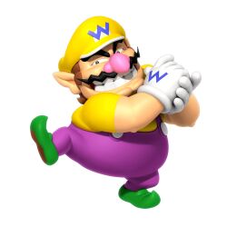 1boy 3d absurdres big_nose blue_eyes brown_hair buttons cabbie_hat clothes_writing facial_hair fat fat_man full_body gloves green_footwear grin half-closed_eyes hands_clasped_in_delight hands_up happy hat highres leg_up looking_at_viewer male_focus mario_&amp;_sonic_(series) mario_&amp;_sonic_at_the_rio_2016_olympic_games mario_(series) mustache nintendo official_art overalls own_hands_together pointy_ears pointy_footwear purple_overalls shirt shoes short_hair short_sleeves simple_background smile solo squinting standing standing_on_one_leg teeth third-party_source transparent_background wario white_gloves yellow_hat yellow_shirt