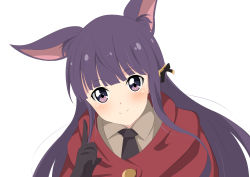Rule 34 | animal ear fluff, animal ears, blunt bangs, blush, brown shirt, capelet, kasumi (princess connect!), kuroha uma, long hair, looking at viewer, princess connect!, purple eyes, purple hair, red capelet, shirt, smile, solo, split mouth, white background