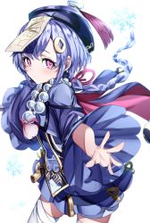 Rule 34 | 1girl, absurdres, azarashi (azrsot), beads, blue hair, blurry, blush, braid, braided ponytail, cape, closed mouth, commentary request, contrapposto, cowboy shot, depth of field, earrings, genshin impact, gold trim, hair ornament, hat, highres, jewelry, jiangshi, looking at viewer, necklace, ofuda, outstretched arms, pink eyes, qingdai guanmao, qiqi (genshin impact), short hair, simple background, snowflakes, solo, standing, tassel, thighhighs, white background, white thighhighs, wide sleeves