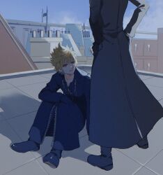 Rule 34 | 2boys, architecture, axel (kingdom hearts), black coat, black coat (kingdom hearts), black footwear, black gloves, blonde hair, blue eyes, building, city, clenched teeth, coat, elbow on knee, evening, face in shadow, gloves, hands on own hips, highres, kingdom hearts, kingdom hearts 358/2 days, kingdom hearts ii, long coat, male focus, messy hair, multiple boys, on roof, open mouth, outdoors, railroad tracks, rooftop, roxas, shoes, short hair, sitting, sitting on roof, spiked hair, standing, standing on roof, sweatdrop, tdmmt r, teeth, town, window, zipper