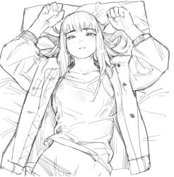 Rule 34 | 1girl, arms up, chinese commentary, commentary request, greyscale, half-closed eyes, jacket, kiruko (tengoku daimakyou), lying, monochrome, on back, pillow, sketch, solipsist, solo, tengoku daimakyou, upper body
