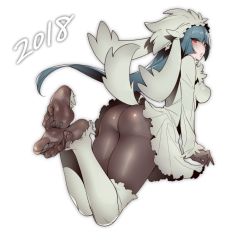 Rule 34 | 1girl, 2018, ass, black pantyhose, blue hair, breasts, chinese zodiac, cosplay, costume, creatures (company), dress, feet, furfrou, furfrou (cosplay), furfrou (natural), game freak, gen 6 pokemon, grey dress, hat, highres, hizuki akira, long hair, long sleeves, looking back, medium breasts, new year, nintendo, no shoes, pantyhose, pokemon, pokemon rgby, pokemon xy, red eyes, sabrina (pokemon), simple background, skin tight, soles, solo, spread toes, tail, toes, white background, year of the dog